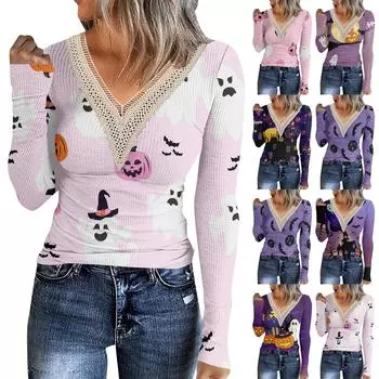Женская футболка, модная повседневная футболка с v-образным вырезом и принтом на Хэллоуин, кружевной топ с длинными рукавами XL
