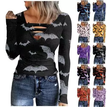 Женская футболка, модная повседневная футболка с v-образным вырезом и принтом на Хэллоуин, тонкий топ с длинными рукавами S чёрный