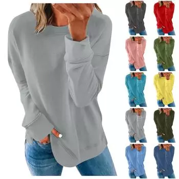 Женская футболка Модная повседневная однотонная футболка с круглым вырезом и длинным рукавом XXXXL циан