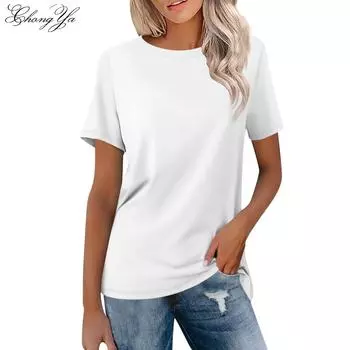 Женская футболка Модная повседневная однотонная футболка с круглым вырезом и коротким рукавом
