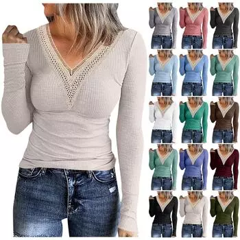 Женская футболка, модная, повседневная, однотонная, с V-образным вырезом, с длинными рукавами и кружевом M розовый