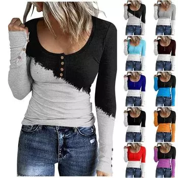 Женская футболка, модная, повседневная, с цветными блоками, на пуговицах, с длинным рукавом XL