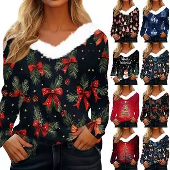 Женская футболка, модная, повседневная, с длинным рукавом, с принтом, флисовым воротником, с V-образным вырезом S синий