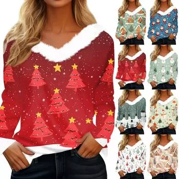 Женская футболка, модная, повседневная, с длинным рукавом, с принтом, флисовым воротником, с V-образным вырезом M зелёный