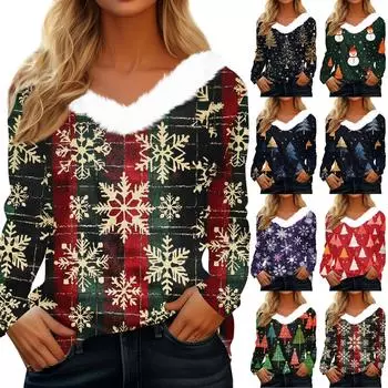 Женская футболка, модная, повседневная, с длинным рукавом, с принтом, флисовым воротником, с V-образным вырезом M красный