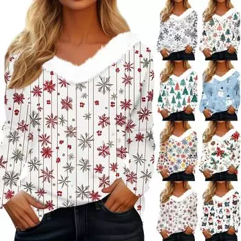 Женская футболка, модная, повседневная, с длинным рукавом, с принтом, флисовым воротником, с V-образным вырезом XXL зелёный