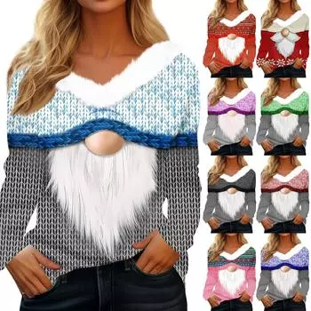 Женская футболка, модная, повседневная, с длинным рукавом, с принтом, флисовым воротником, с V-образным вырезом S зелёный