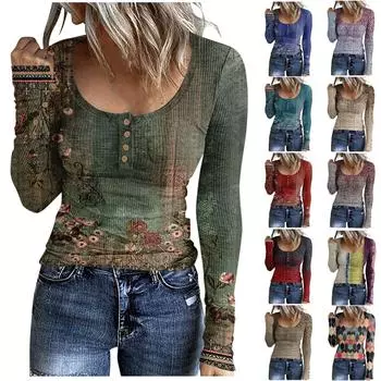 Женская футболка модная повседневная с леопардовым принтом пэчворк на пуговицах с длинным рукавом S синий