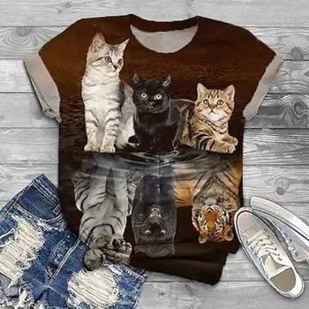 Женская футболка, модная, забавная, с цветочным принтом и принтом кошек, с коротким рукавом, обычная, с круглым вырезом, для праздников, выходного дня, черная, желтая, красная, синяя, коричневая, весна и лето M