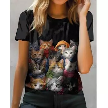 Женская футболка, модные футболки с милым котом, новые летние топы с короткими рукавами, повседневные пуловеры, женская одежда, уличная блузка XXS