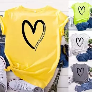 Женская футболка Модные хлопковые топы с круглым вырезом и коротким рукавом с принтом сердца M вино красного