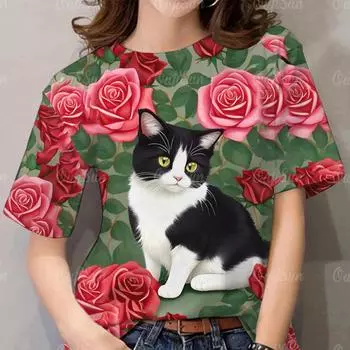 Женская футболка, модные милые футболки с принтом кота, летние новые топы с коротким рукавом, повседневные свитера, женская одежда, уличная одежда, блузки XL