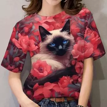 Женская футболка, модные милые футболки с принтом кота, летние новые топы с коротким рукавом, повседневные свитера, женская одежда, уличная одежда, блузки S