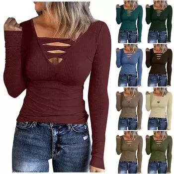 Женская футболка, модные повседневные однотонные топы с v-образным вырезом, тонкие модели, топы с длинными рукавами XL синий