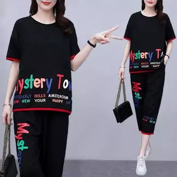 Женская футболка, модный повседневный костюм, летний костюм из двух частей для мамы с укороченными брюками XXXXXL чёрный