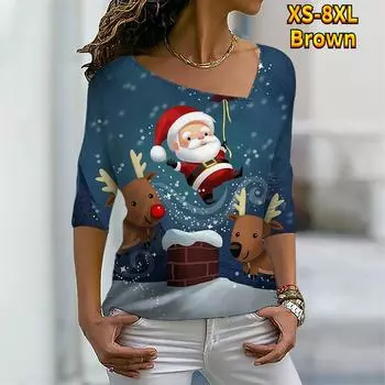 Женская футболка Мультфильм Рождественский олень Санта-Клаус Блестящая живопись С принтом V-образный вырез Толстовка с графикой Уличная одежда Повседневные XS-8XL 3XL