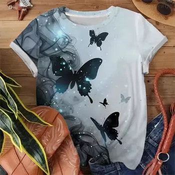 Женская футболка Mysterious Starlight Dreamy Butterfly Glowing Casual Loose Comfortable Grey Short Sleeve S