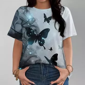 Женская футболка Mysterious Starlight Dreamy Butterfly Glowing Casual Loose Comfortable Grey Short Sleeve S