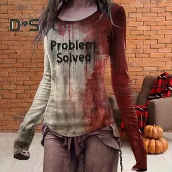 Женская футболка на Хэллоуин с круглым вырезом и длинным рукавом, рубашка ужасов с принтом крови, толстовка на Хэллоуин, легкие облегающие спортивные топы XXXL A