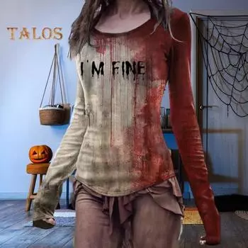 Женская футболка на Хэллоуин с круглым вырезом и длинным рукавом, рубашка ужасов с принтом крови, толстовка на Хэллоуин, легкие облегающие спортивные топы XXXL A
