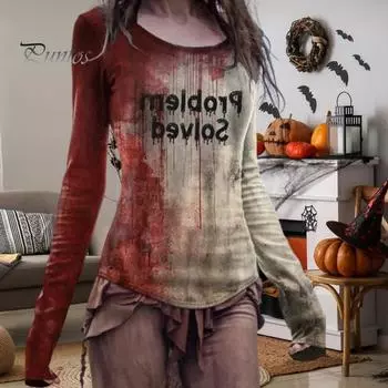 Женская футболка на Хэллоуин с круглым вырезом и длинным рукавом, рубашка ужасов с принтом крови, толстовка на Хэллоуин, легкие облегающие спортивные топы XXXL A