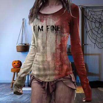 Женская футболка на Хэллоуин с круглым вырезом и длинным рукавом, рубашка ужасов с принтом крови, легкая облегающая толстовка на Хэллоуин XXXL