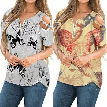 Женская футболка на молнии с V-образным вырезом и принтом бабочки с коротким рукавом и открытыми плечами Свободная блузка для