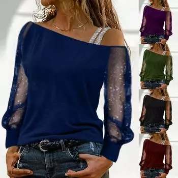 Женская футболка на одно плечо Повседневная однотонная блузка с кружевным рукавом размера плюс L чёрный