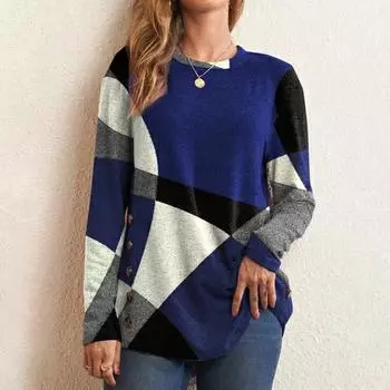 Женская футболка на пуговицах с геометрическим принтом и цветными блоками в стиле пэчворк, длинный рукав, с принтом Верх L синий