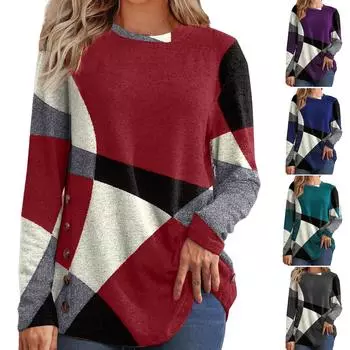 Женская футболка на пуговицах с геометрическим принтом и цветными блоками в стиле пэчворк, длинный рукав, с принтом Верх XXXL зелёный