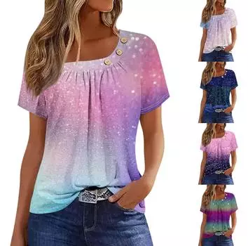 Женская футболка на пуговицах с градиентным принтом и пайетками, с коротким рукавом XXL фиолетовый