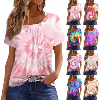 Женская футболка на пуговицах с коротким рукавом и принтом тай-дай L