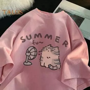 Женская футболка на весну и лето с круглым вырезом и коротким рукавом, футболка с рисунком кота, свободный крой, пуловер для отдыха и вечеринки, топы M чёрный