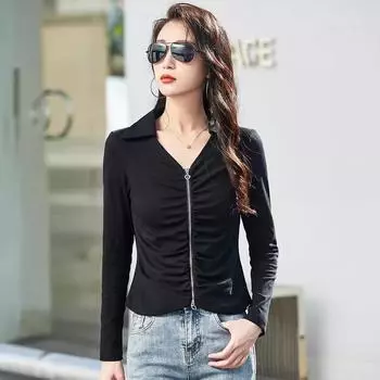 Женская футболка на весну и осень с лацканами, застежкой-молнией из хлопка, плиссированный топ, модный тонкий короткий кардиган с высокой талией, длинный рукав, маленькая рубашка S