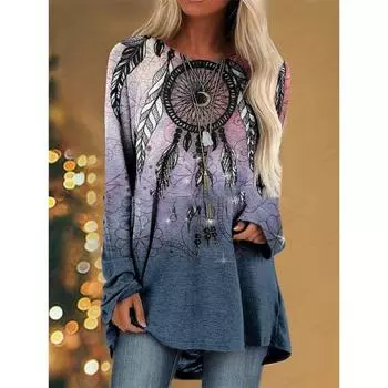 Женская футболка Native T shirt Женская мода футболки Индийский стиль футболка Туника Футболка с длинным рукавом Футболки Женские топы Винтаж S