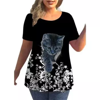 Женская футболка нестандартной формы, повседневная, уличная, с милым принтом кота, с круглым вырезом, модная свободная одежда с короткими рукавами, летние уличные хипстерские топы для отдыха XXXL