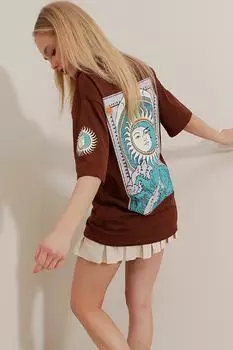 Женская футболка, новый сезон, модная унисекс, коричневая футболка с круглым вырезом спереди и сзади, унисекс, футболка оверсайз с принтом