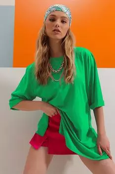 Женская футболка, новый сезон, модная зеленая футболка с круглым вырезом и двойными рукавами, хлопковая базовая футболка большого размера