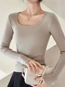 Женская футболка облегающего кроя с U-образным вырезом и длинными рукавами, на резинке — большие размеры на весну и осень 2025 г. L