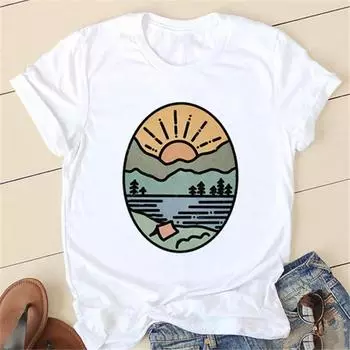 Женская футболка Одежда Женская повседневная рубашка 90-х годов Рубашка для кемпинга Одежда с героями мультфильмов Футболка с модным узором и коротким рукавом Топ.