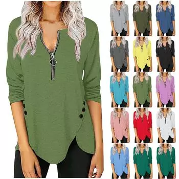 Женская футболка, однотонная, на молнии, с круглым вырезом, с длинными рукавами, нестандартный топ на пуговицах L армия зеленый