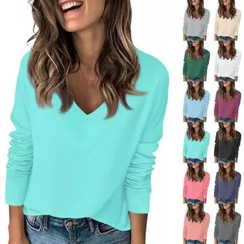 Женская футболка однотонная с длинным рукавом и заниженной линией плеч, повседневная мода на выходные, базовый топ с V-образным вырезом L бежевый