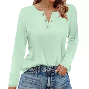 Женская футболка однотонная с длинным рукавом на пуговицах, повседневная, выходного дня, модная, базовая, с V-образным вырезом, стандартный топ XXL