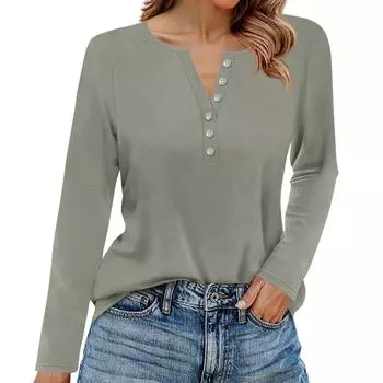 Женская футболка однотонная с длинным рукавом на пуговицах, повседневная, выходного дня, модная, базовая, с V-образным вырезом, стандартный топ M