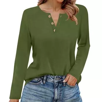 Женская футболка однотонная с длинным рукавом на пуговицах, повседневная, выходного дня, модная, базовая, с V-образным вырезом, стандартный топ L армия зеленый