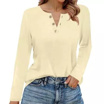 Женская футболка однотонная с длинным рукавом на пуговицах, повседневная, выходного дня, модная, базовая, с V-образным вырезом, стандартный топ L бежевый