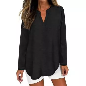 Женская футболка однотонная с длинным рукавом повседневная модная базовая футболка с V-образным вырезом и изогнутым подолом L чёрный