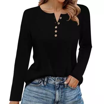 Женская футболка однотонная с длинным рукавом, повседневная модная базовая, с круглым вырезом, на пуговицах, рукав реглан S чёрный