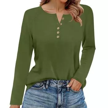 Женская футболка однотонная с длинным рукавом, повседневная модная базовая, с круглым вырезом, на пуговицах, рукав реглан L армия зеленый