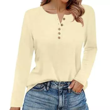 Женская футболка однотонная с длинным рукавом, повседневная модная базовая, с круглым вырезом, на пуговицах, рукав реглан L бежевый